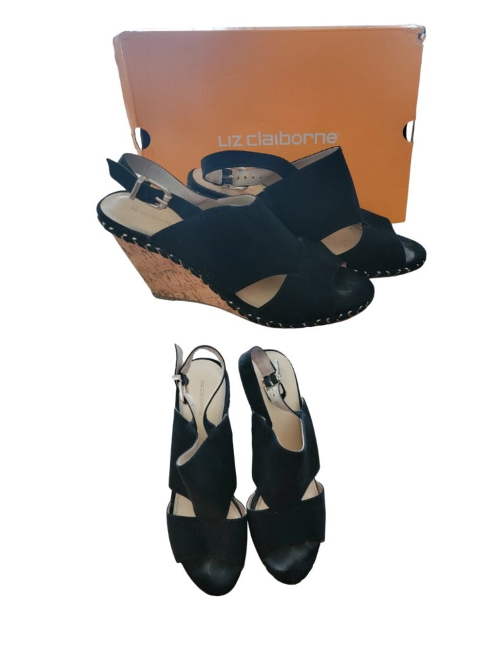Liz Claiborne Johanna Black Wedge Heel Peep Toe Sandals